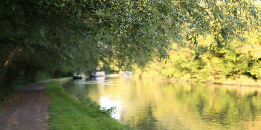 View round a bend on Market Harborough Arm of Grand Union Canal with moored boats in background