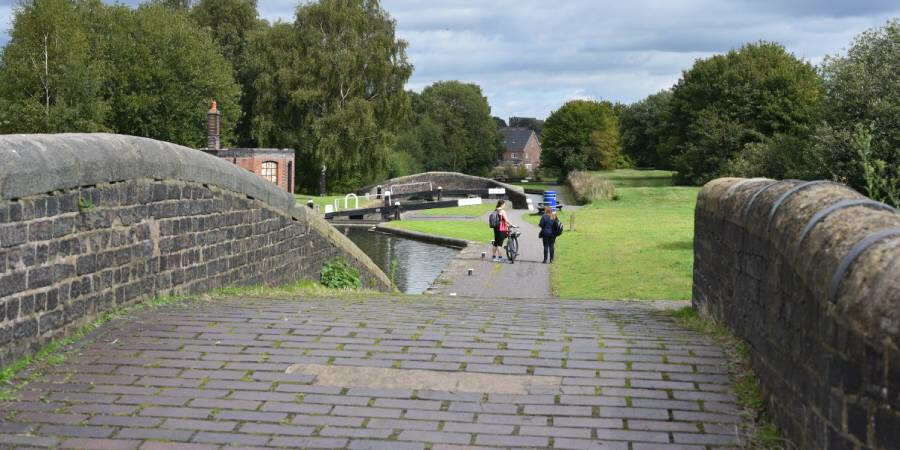 A view of a bridge and canal locks on a walking route near Birmingham
