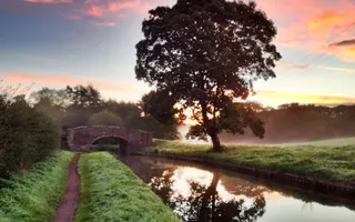 Reflection in the sunrise on a canal with green field and a tree on the right towpath on the left and bridge and trees in the background