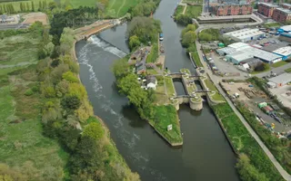 Drone photo of a river and an island