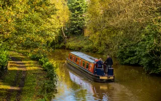Narrowboat on canal with lots of bushes and over hanging trees during golden hour