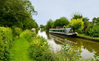 Boats moored along grassy towpath of canal
