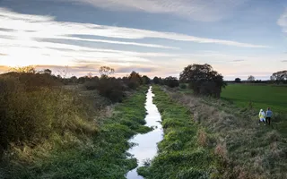 A very narrow, unnavigable canal with thick vegetation surrounded by rural fields with the sun low in the sky.