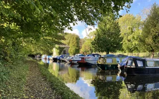 Canal on the right towpath on the left boats lined up on the right with green trees hanging over.