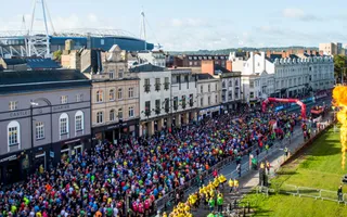 Crowds of runners start the Cardiff Half Marathon