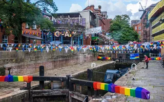 Rainbow pride flags and bunting decorating canal lock gates