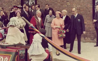 HRH Queen Elizabeth II being shown narrowboats at the Boat Museum by Dr David Owen, 2 November 1979
