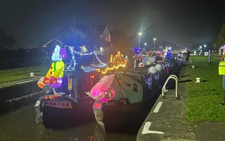 Canal boats at night time with halloween decorations