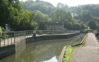 Cycling across Avoncliff Aqueduct