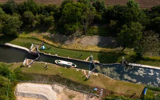 Drone image of Grantham Canal, showing boat in lock