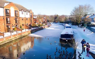 Snow on Leeds Liverpool feeding ducks