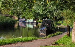 Boats moor along a grassy, tree-lined towpath in bright sunshine.
