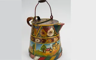Enamel painted jug, decorated in traditional Roses &  Castles style