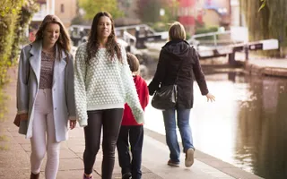 Friends walking along towpath