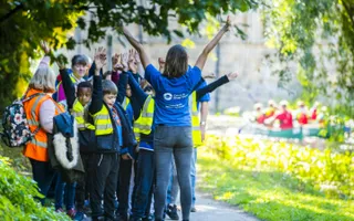 Explorers with a Canal & River Trust worker on the towpath in Leeds