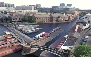 Aerial view of moorings on Birmingham Canal Main Line in Birmingham City Centre