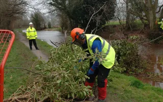 Workmen removing a tree that has fallen over the towpath