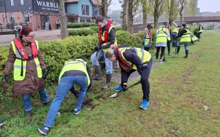 Volunteers with spades next to a hedge with trees in the background