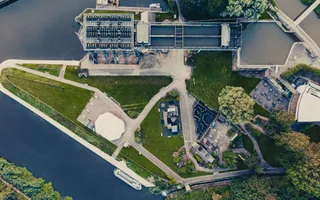 An aerial view of Anderton boat lift surrounded by growing trees and water