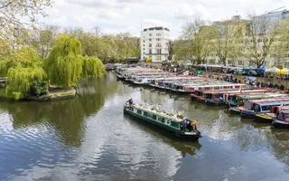 View across Little Venice, in London, showing boats lined up