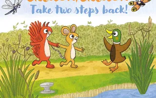 Drawing of squirels and duck next to water and standing on the towpath.