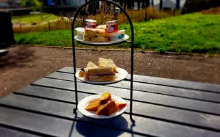 Cake tower on bench