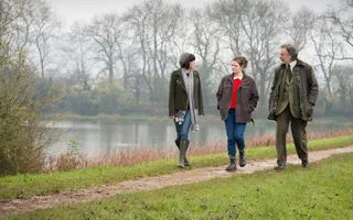 Friends walking by the canal in winter