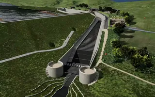 Artist impression aerial view of turrets on a reservoir