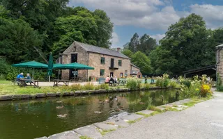 A bricked building with picnic benches is on the far side of a canal, which is populated with ducks.
