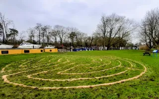 wide shot of a field with markings on the ground