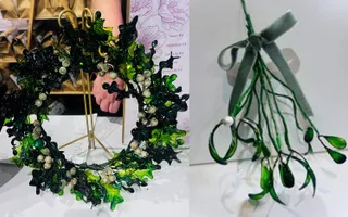 Two images of a christmas wreath and mistletoe