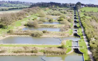 An aerial view of Caen Hill Locks and ponds