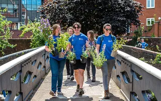 Group of volunteers carry plants across a bridge on the Birmingham Main Line Canal