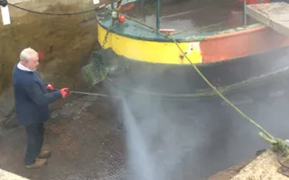Pressure washing a narrowboat