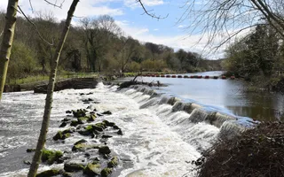 Wide shot of a weir on a sunny day