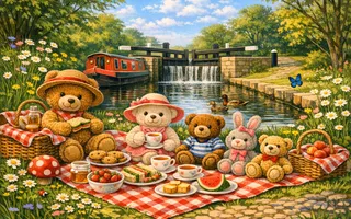 Graphic of a teddy bear picnic by the canal with lock gate in the background