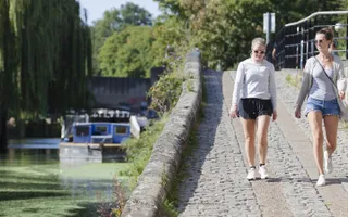 Friends walking along the canal