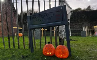 Spooky halloween decorations in a garden