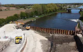 Ariel shot of repair works on river