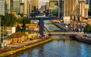 Wide shot of docks in a city area