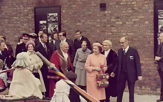 Queen Elizabeth II being shown narrowboats at the Boat Museum Ellesmere Port by Dr David Owen 2 November 1979