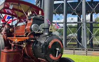 Old steam engine infront of boat lift
