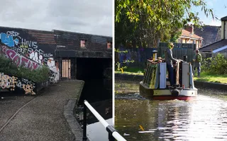 Contrasting photos showing graffiti, urban canal setting compared to people enjoying the canal on a sunny day