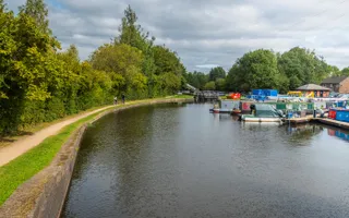 Wide shot of a marina on a canal