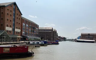 Wide shot of a canal basin on a sunny day