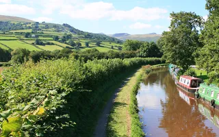 Boats moored on the offside of the Monmouthshire & Brecon Canal, opposite sunny fields and hills