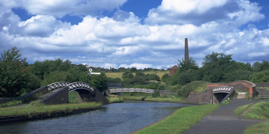 View of three bridges at Windmill End on Dudley Canal