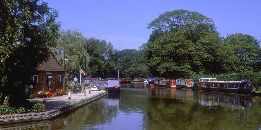 Boats moored along Oxford Canal