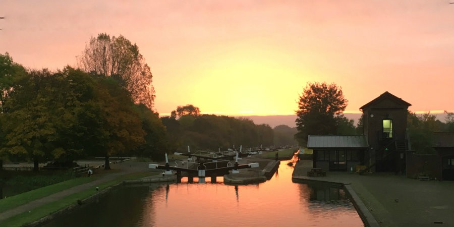 Sun rises over Hatton Locks on the Grand Union canal