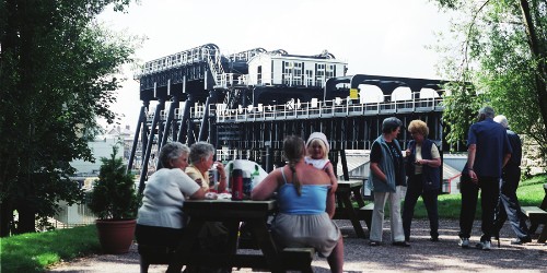 Family having a picnic in the picnic area at Anderton Boat Lift